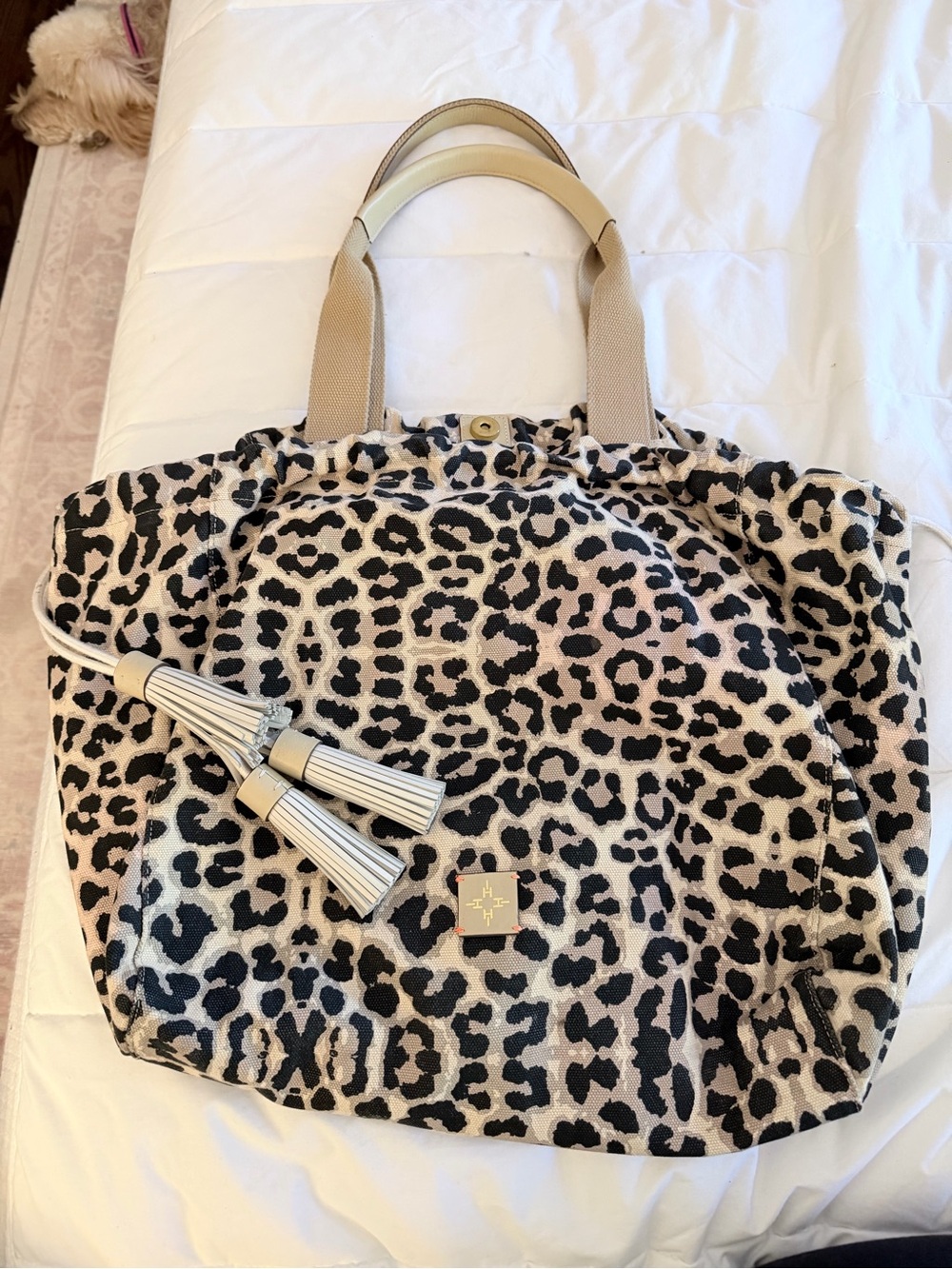 India Hicks Leopard Print Shoulder Tote in Beige and Black
